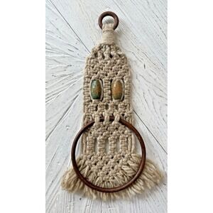 Vintage Retro MCM Beige Macrame Wall Hanging Hand Towel Ring Holder Wooden Beads